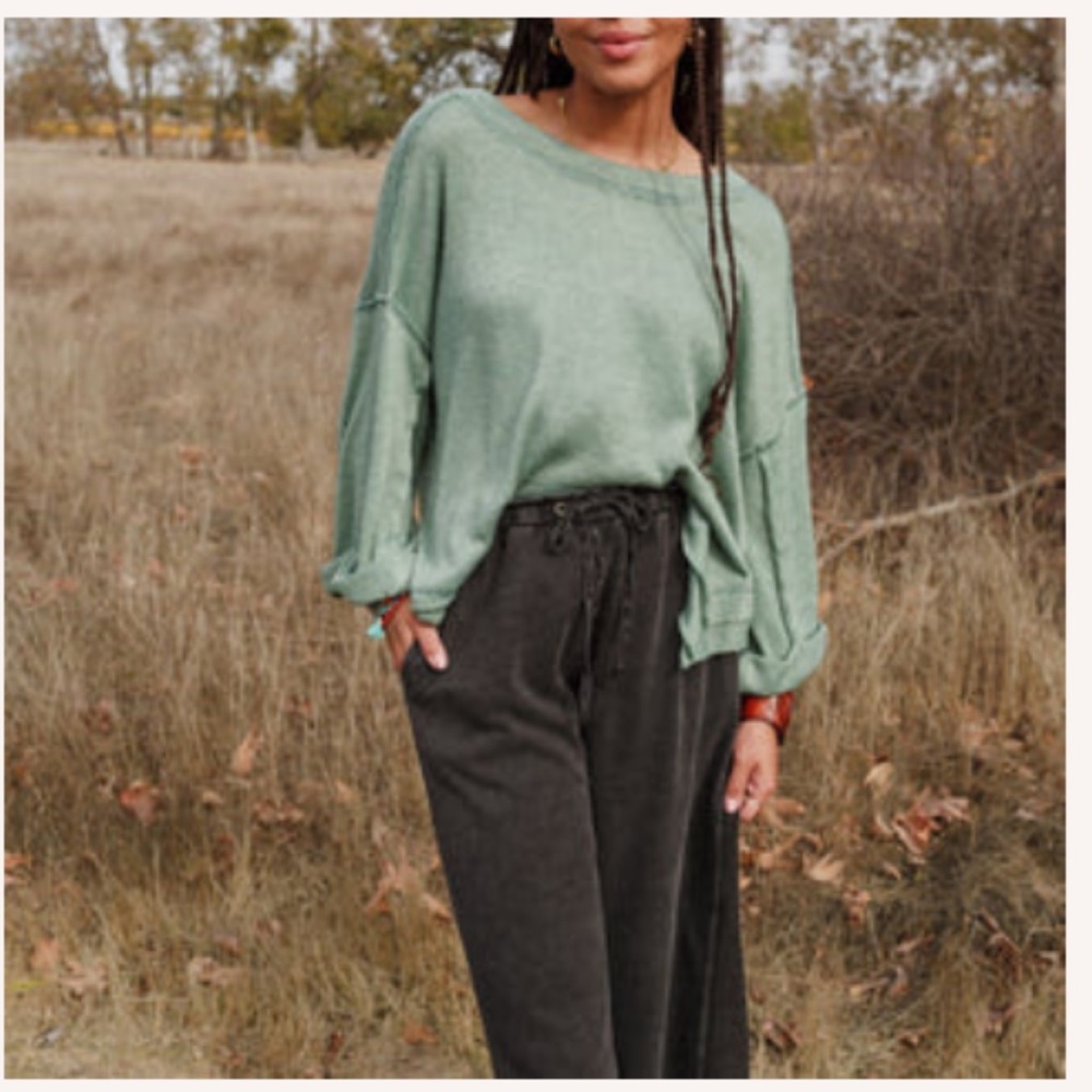 teal slouchy raw edge sweater